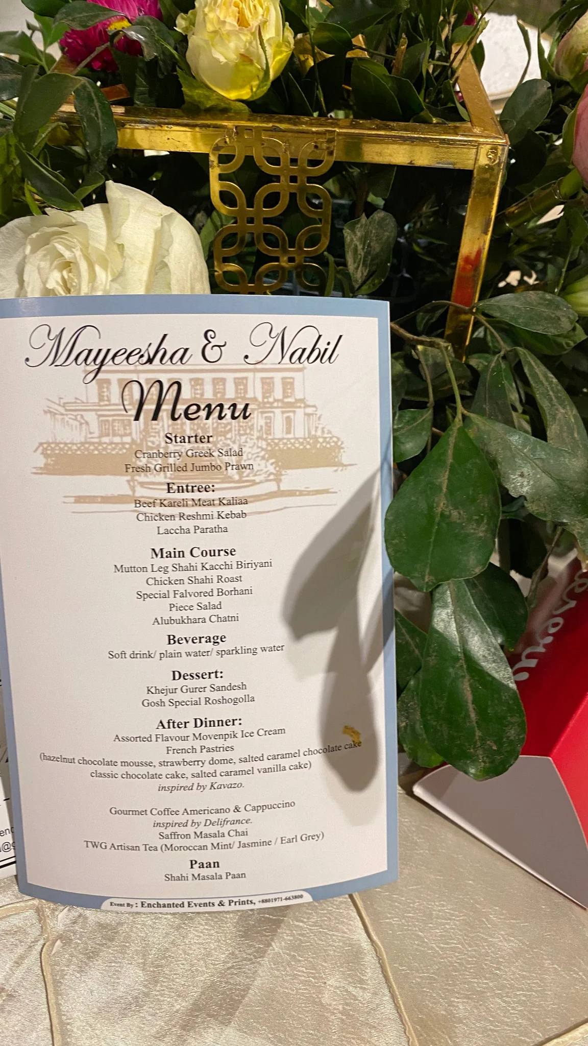 Custom event menu display in a floral setting