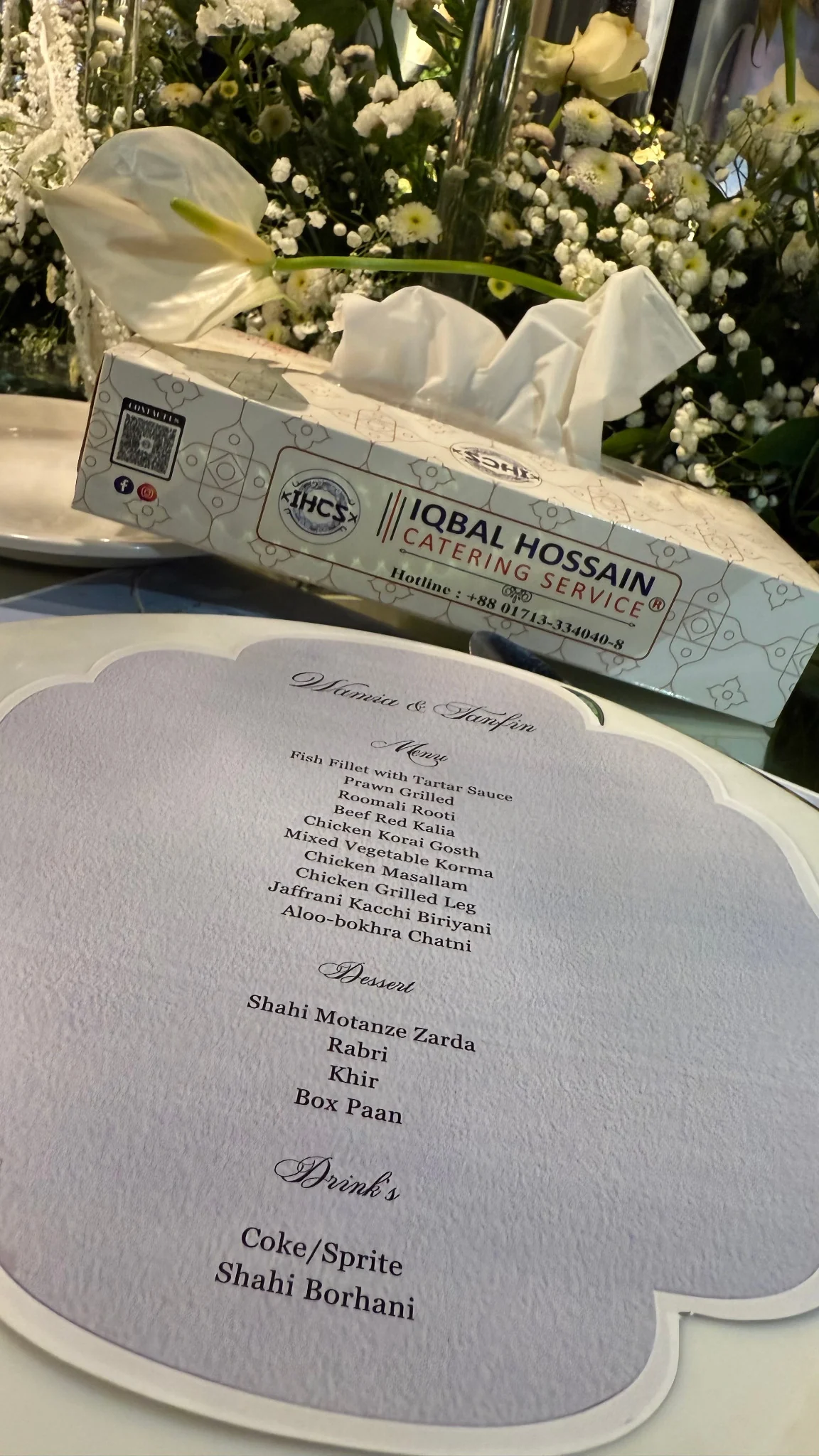 Wedding menu with branded tissue box display by Iqbal Hossain Catering Service